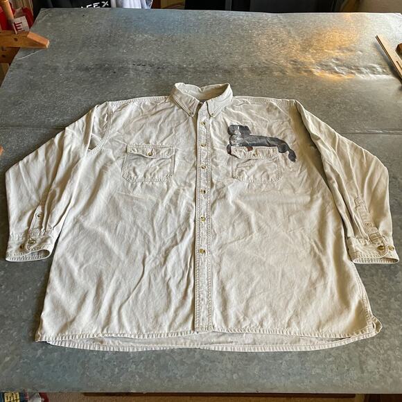 Vintage Lee Bernese Mountain Dog Painted Denim Button Up Shirt Mens XXL Tan 90s - Picture 2 of 9